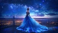 A Beautiful Queen or Princess Wearing a Flowy Sparkling Neon Blue Dress on a High Balcony Looking Down at City Lights Royalty Free Stock Photo