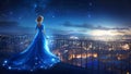 A Beautiful Queen or Princess Wearing a Flowy Sparkling Neon Blue Dress on a High Balcony Looking Down at City Lights Royalty Free Stock Photo