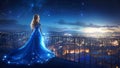 A Beautiful Queen or Princess Wearing a Flowy Sparkling Neon Blue Dress on a High Balcony Looking Down at City Lights Royalty Free Stock Photo