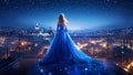 A Beautiful Queen or Princess Wearing a Flowy Sparkling Neon Blue Dress on a High Balcony Looking Down at City Lights Royalty Free Stock Photo