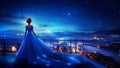 A Beautiful Queen or Princess Wearing a Flowy Sparkling Neon Blue Dress on a High Balcony Looking Down at City Lights Royalty Free Stock Photo