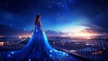 A Beautiful Queen or Princess Wearing a Flowy Sparkling Neon Blue Dress on a High Balcony Looking Down at City Lights Royalty Free Stock Photo