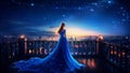A Beautiful Queen or Princess Wearing a Flowy Sparkling Neon Blue Dress on a High Balcony Looking Down at City Lights Royalty Free Stock Photo