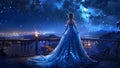 A Beautiful Queen or Princess Wearing a Flowy Sparkling Neon Blue Dress on a High Balcony Looking Down at City Lights Royalty Free Stock Photo