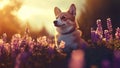 Very Cute Corgi Dog in a Peaceful Meadow Field With Purple and Pink Flowers at Sunset