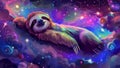 Cosmic Sloth on a Beautiful Dreamlike Cloud in a Fantasy Magical Forest in a Dreamy Starry Nebula Background Royalty Free Stock Photo