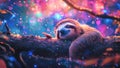 Cosmic Sloth on a Beautiful Dreamlike Tree Branch in a Fantasy Magical Forest in a Dreamy Starry Nebula Background Royalty Free Stock Photo