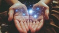 Practicing Reiki and Spiritual Energy Healing With Magical Hands Emitting Beautiful Sparkly Blue Stars (Reiki Healing) Royalty Free Stock Photo