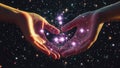 Cosmic Hands Emitting Magical Power, Spiritual Energy and Glowing Purple Stars in Deep Space (Energy and Reiki Healing) Royalty Free Stock Photo