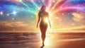 Enlightened Spiritual Starseed Woman at a Beach With Cosmic Astral Galactic Rainbow Waves Royalty Free Stock Photo