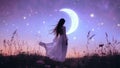 Fantasy Woman in a Fairytale Magical Dreamy Meadow With Flowers, Moonlight, Starlight and a Starry Sky With a Moon Royalty Free Stock Photo
