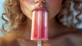 Girl Eating a Delicious, Refreshing, Tangy and Creamy Pink Fruity Strawberry Yoghurt Popsicles (Summer Popsicles!) Royalty Free Stock Photo