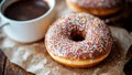 Soft, Moist and Sugary Donuts Desserts Pastries With Chocolate Frostings and Icings and Colorful Fun Sprinkles and Coffee Royalty Free Stock Photo