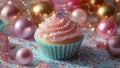 Pink Glittery Cupcake Imitation Miniature Toy With Glass Beads, Gems, Gemstones, Jewelry, Bijoux Covered in Glitters Royalty Free Stock Photo