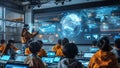 Futuristic Classroom High Tech Advanced Holographic Quantum Computer Screen System Mainframe School Study Room Teachers Students Royalty Free Stock Photo