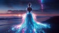 Magical Princess Goddess in a Shining Glowing Blue Dress Gown Stargazing Under a Cosmic Starry Sky Full of Stars Constellations Royalty Free Stock Photo