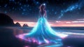 Magical Princess Goddess in a Shining Glowing Blue Dress Gown Stargazing Under a Cosmic Starry Sky Full of Stars Constellations Royalty Free Stock Photo