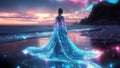 Magical Princess Goddess in a Shining Glowing Blue Dress Gown Stargazing Under a Cosmic Starry Sky Full of Stars Constellations Royalty Free Stock Photo