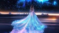 Magical Princess Goddess in a Shining Glowing Blue Dress Gown Stargazing Under a Cosmic Starry Sky Full of Stars Constellations Royalty Free Stock Photo