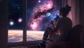 Starseed Girl With Coffee Tea Stargazing at a Window With a Cosmic Universe Starry Space and Stars Constellations Planets Nebulas Royalty Free Stock Photo