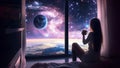 Starseed Girl With Coffee Tea Stargazing at a Window With a Cosmic Universe Starry Space and Stars Constellations Planets Nebulas Royalty Free Stock Photo