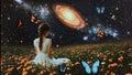 Starseed Girl Meditating Stargazing in a Magical Flower Meadow With Butterflies in a Cosmic Starry Deep Space Stars and Galaxies Royalty Free Stock Photo