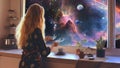Pleiadian Starseed Woman Dreaming Contemplating Stargazing in a Fantasy Kitchen With a Cosmic Universe Starry Sky Planets Royalty Free Stock Photo
