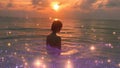 A Woman Swimming in a Fantasy Magical Ocean Sea Water Covered in Sparkles, Shimmers, Glitters, Scintillating Specks at Sunset