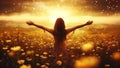 A Hopeful Woman With Opean Arms and Hands to the Sky in a Golden Flower Field Connecting to God (Hope Faith Symbol) Royalty Free Stock Photo