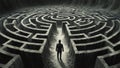 A Confused Lost Man in an Entangled Convoluted Maze Labyrinth Corridors (Paradox, Riddle, Enigma, Puzzle) Royalty Free Stock Photo