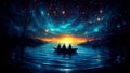 Sailor Men Silhouettes Sailing on a Boat on a Fantasy Sea Under a Cosmic Sky With Ripples Royalty Free Stock Photo