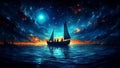 Sailor Men Silhouettes Sailing on a Boat on a Fantasy Sea Under a Cosmic Sky With Ripples Royalty Free Stock Photo