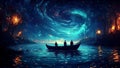 Sailor Men Silhouettes Sailing on a Boat on a Fantasy Sea Under a Cosmic Sky With Ripples Royalty Free Stock Photo