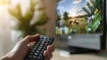 Holding a TV Control Remote Switching Channels Turning On a Television to Play a Wildlife Documentary, Nature Animal Programs Royalty Free Stock Photo