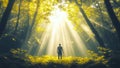 Enlightened Man Walking in a Peaceful Park With Grass Green and Quiet Trees Under a Spiritual Golden Sunlight Sunshine Sun Rays Royalty Free Stock Photo