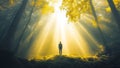 Enlightened Man Walking in a Peaceful Park With Grass Green and Quiet Trees Under a Spiritual Golden Sunlight Sunshine Sun Rays Royalty Free Stock Photo