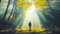 Enlightened Man Walking in a Peaceful Park With Grass Green and Quiet Trees Under a Spiritual Golden Sunlight Sunshine Sun Rays Royalty Free Stock Photo