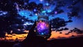 Glass Jug Jar With Glowing Lights, Cosmic Nebula, Shining Stars, Freeing Magical Fireflies, Magic Potion, Magic Spell, Starry Sky Royalty Free Stock Photo