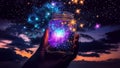 Glass Jug Jar With Glowing Lights, Cosmic Nebula, Shining Stars, Freeing Magical Fireflies, Magic Potion, Magic Spell, Starry Sky Royalty Free Stock Photo