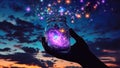 Glass Jug Jar With Glowing Lights, Cosmic Nebula, Shining Stars, Freeing Magical Fireflies, Magic Potion, Magic Spell, Starry Sky Royalty Free Stock Photo