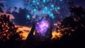 Glass Jug Jar With Glowing Lights, Cosmic Nebula, Shining Stars, Freeing Magical Fireflies, Magic Potion, Magic Spell, Starry Sky Royalty Free Stock Photo