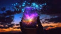 Glass Jug Jar With Glowing Lights, Cosmic Nebula, Shining Stars, Freeing Magical Fireflies, Magic Potion, Magic Spell, Starry Sky Royalty Free Stock Photo