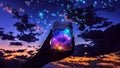 Glass Jug Jar With Glowing Lights, Cosmic Nebula, Shining Stars, Freeing Magical Fireflies, Magic Potion, Magic Spell, Starry Sky Royalty Free Stock Photo