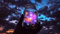 Glass Jug Jar With Glowing Lights, Cosmic Nebula, Shining Stars, Freeing Magical Fireflies, Magic Potion, Magic Spell, Starry Sky Royalty Free Stock Photo