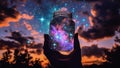 Glass Jug Jar With Glowing Lights, Cosmic Nebula, Shining Stars, Freeing Magical Fireflies, Magic Potion, Magic Spell, Starry Sky Royalty Free Stock Photo