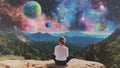 Spiritual Starseed Woman Daydreaming on a Fantasy Mountain Under an Ethereal Sky With Dreamy Planets, Nebulas in a High Dimension Royalty Free Stock Photo