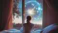 Starseed Woman in Her Bedroom Praying and Meditating While Looking at a Celestial Divine Bright Source Glow in the Serene Sky Royalty Free Stock Photo