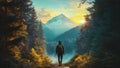 A Man Hiking, Backpacking, Mountaineering Alone in a Peaceful Forest on a Serene Mountain Breathing Fresh Air Royalty Free Stock Photo