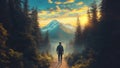 A man Hiking, Backpacking, Mountaineering Alone in a Peaceful Forest on a Serene Mountain Breathing Fresh Air Royalty Free Stock Photo