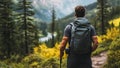 A man Hiking, Backpacking, Mountaineering Alone in a Peaceful Forest on a Serene Mountain Breathing Fresh Air Royalty Free Stock Photo